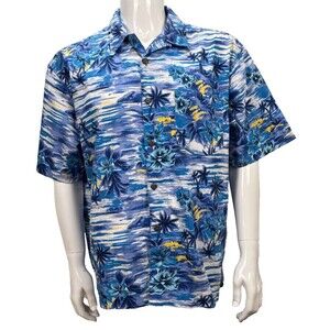 Vintage Hawaiian Shirt High Sierra Large Floral Palm Tree Blue Cotton Aloha Wear